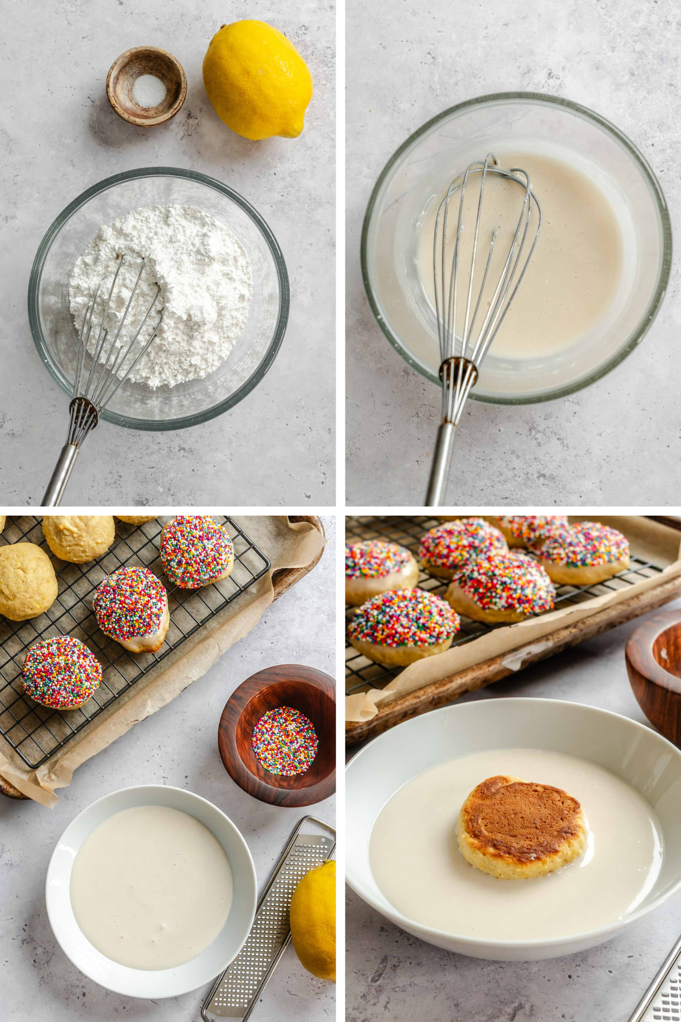 Four-panel process shot: powdered sugar in a bowl, whisked lemon glaze, cookies being dipped in sprinkles, and a cookie dipped into a bowl of lemon glaze.