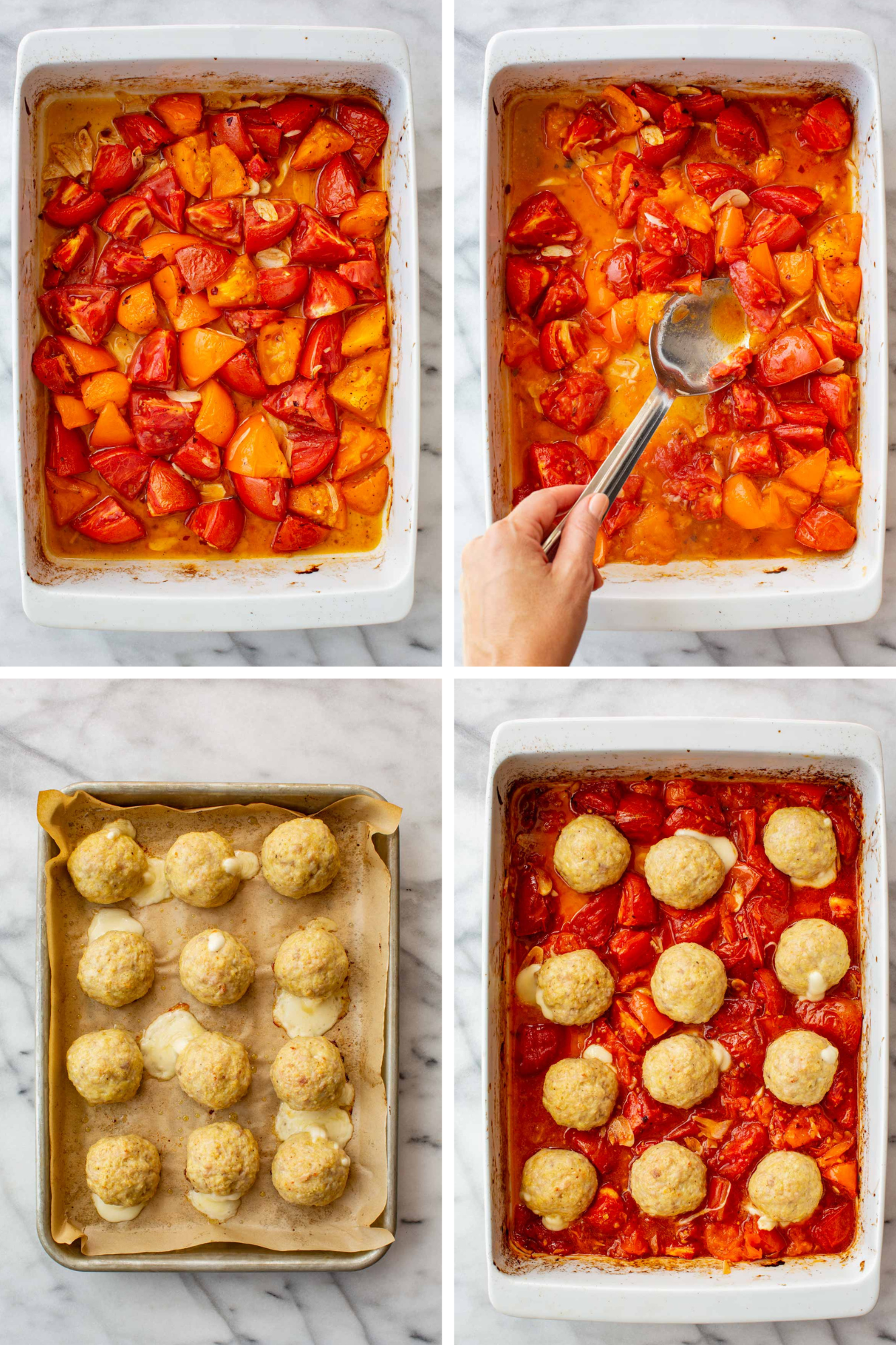 Four-panel process shot: roasted tomato sauce; spoon crushing roasted tomatoes into the sauce; baked meatballs in baking sheet with cheese oozing out; chicken meatballs laying on top of the roasted tomato sauce.