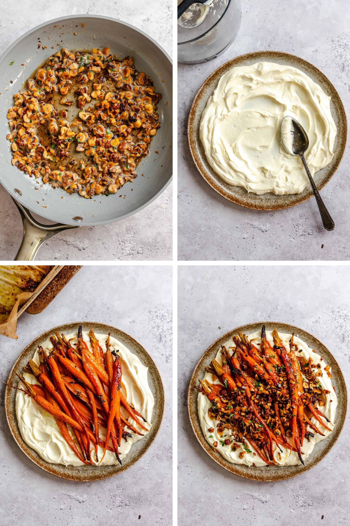 Four-panel process shot: ceramic plate with a layer of whipped ricotta; plate topped with ricotta and carrots; plate topped with ricotta, carrots and hazelnuts.