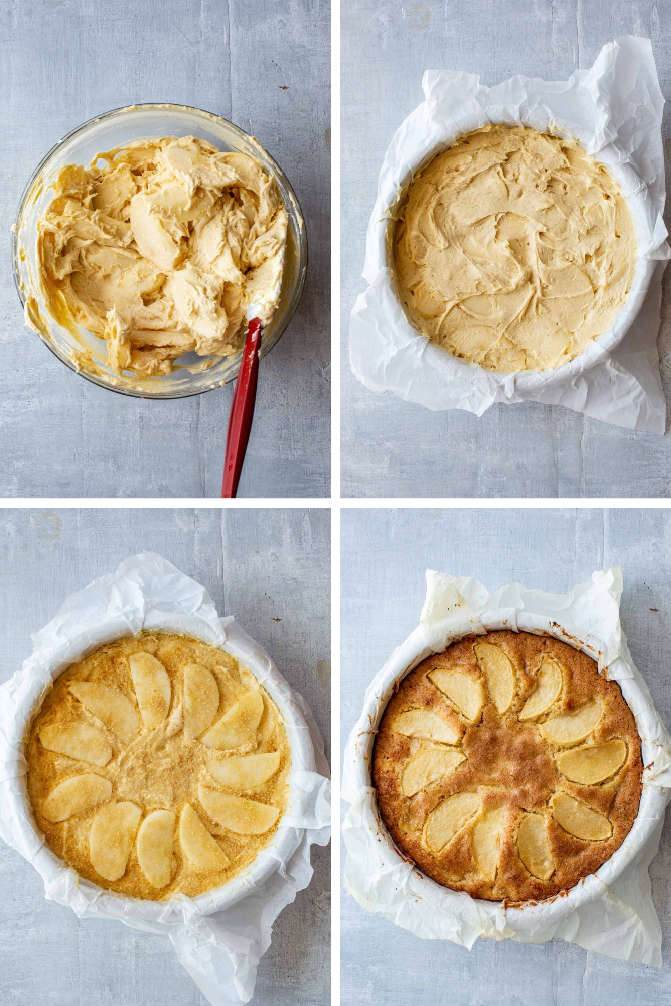 Four steps assembling and baking Italian apple cake: apple slices folded into the batter, batter spread in a parchment-lined pan, apple slices arranged on top and sprinkled with sugar, and the finished golden baked cake.