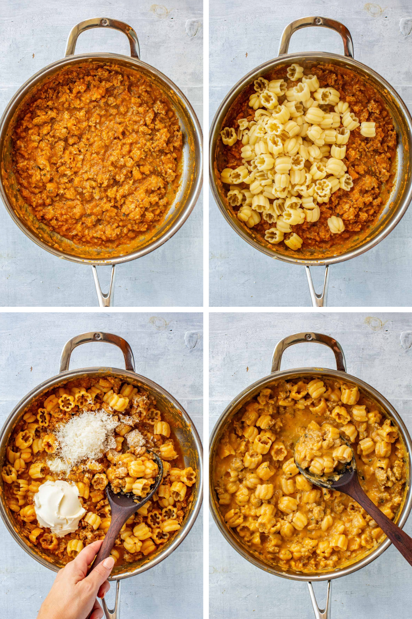 Four-photo grid showing the pumpkin sausage sauce simmering, cooked pasta added to the sauce, mascarpone and grated parmesan being stirred in, and the finished creamy pumpkin pasta being tossed together.