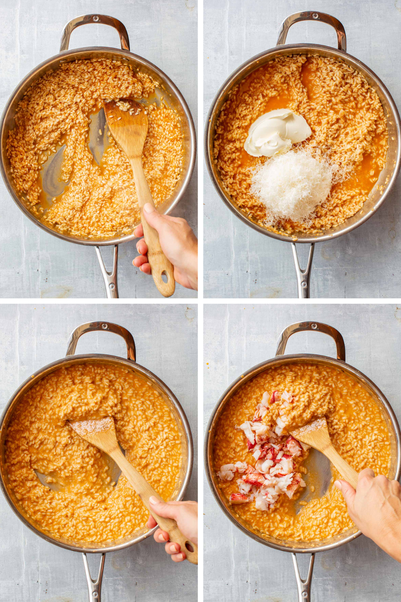 Four-panel process shot: risotto simmering in a steel pan; mascarpone and grated parmesan added to the pan; the cheese stirred in until creamy; chopped lobster meat added to the finished risotto.