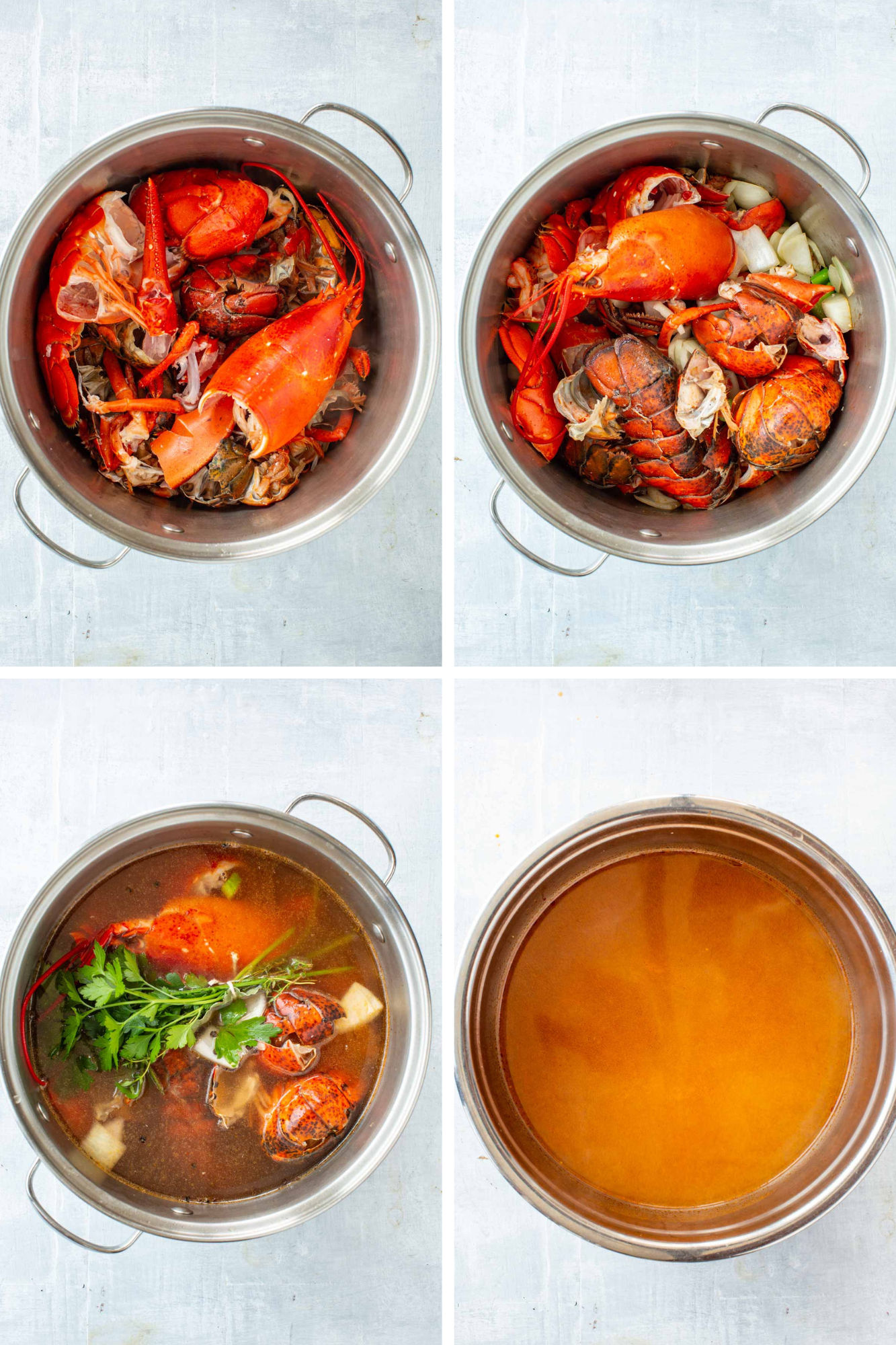 Four-photo collage showing the lobster stock process: raw lobster shells in a pot, shells roasted with onion, the pot filled with water and herbs, and the final strained golden stock.
