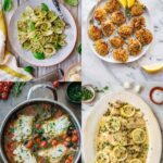 Four photos of Italian seafood recipes including spaghetti with clams and pistachio pesto, clams oreganata, Pesce all'acqua pazza, and fish picatta.
