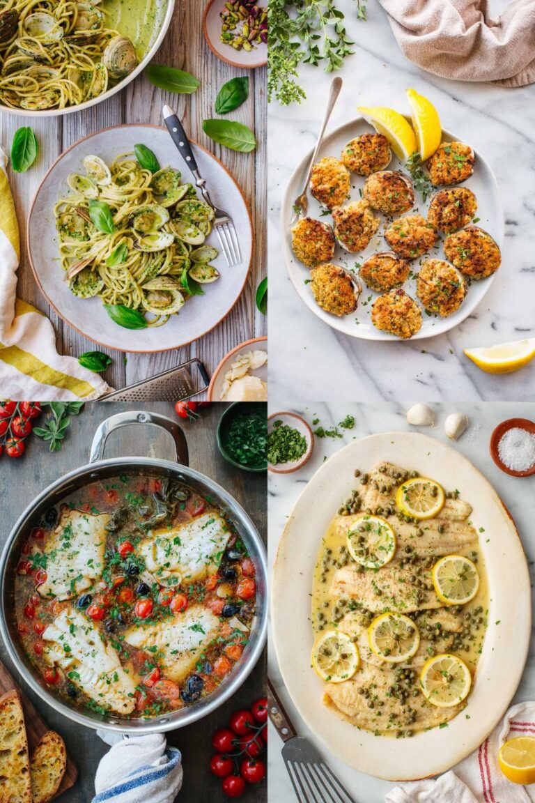 Four photos of Italian seafood recipes including spaghetti with clams and pistachio pesto, clams oreganata, Pesce all’acqua pazza, and fish picatta.