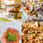 Four photos of the best seafood appetizers including fish sliders, fish ceviche, tuna carpaccio, and calamari.