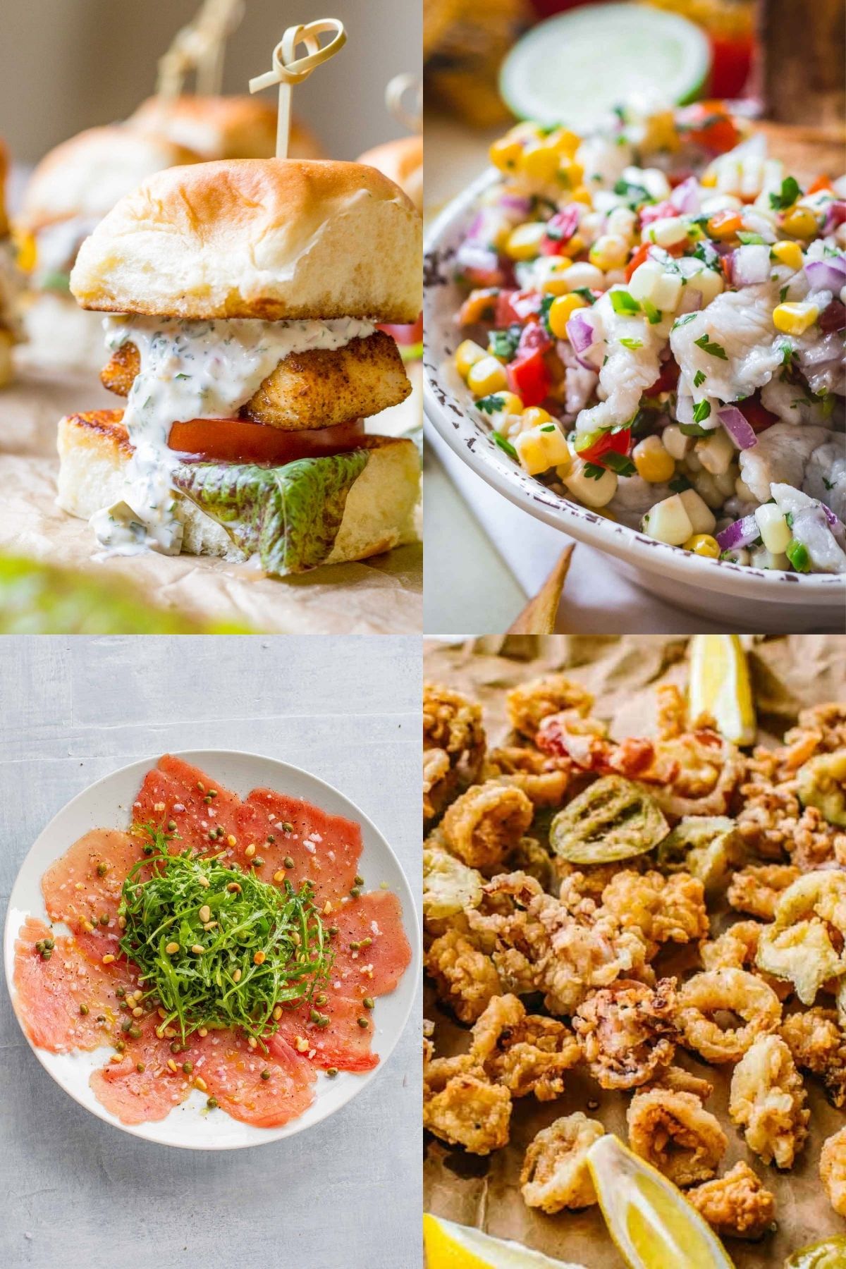 Four photos of the best seafood appetizers including fish sliders, fish ceviche, tuna carpaccio, and calamari.