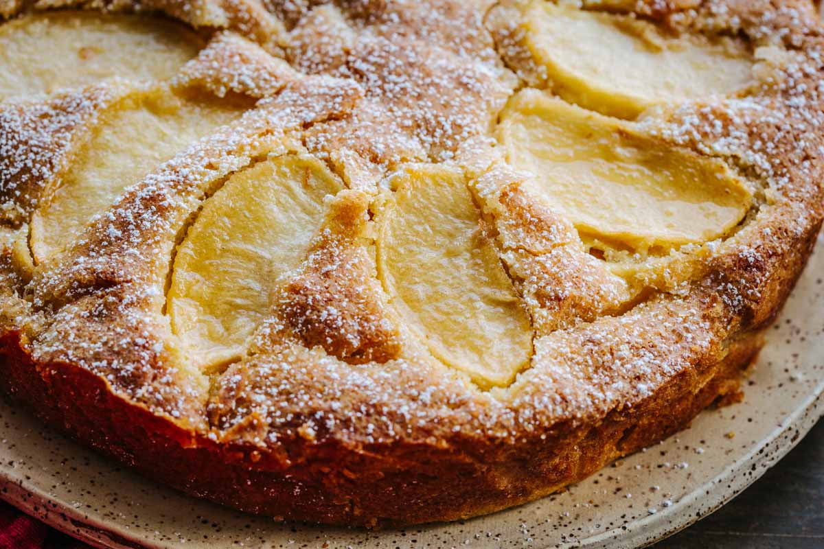 Close-up of a baked Italian apple cake with fanned apple slices on top, dusted with powdered sugar, on a speckled ceramic plate.
