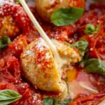 Close-up of a stuffed chicken meatball with melted mozzarella oozing out of the center.