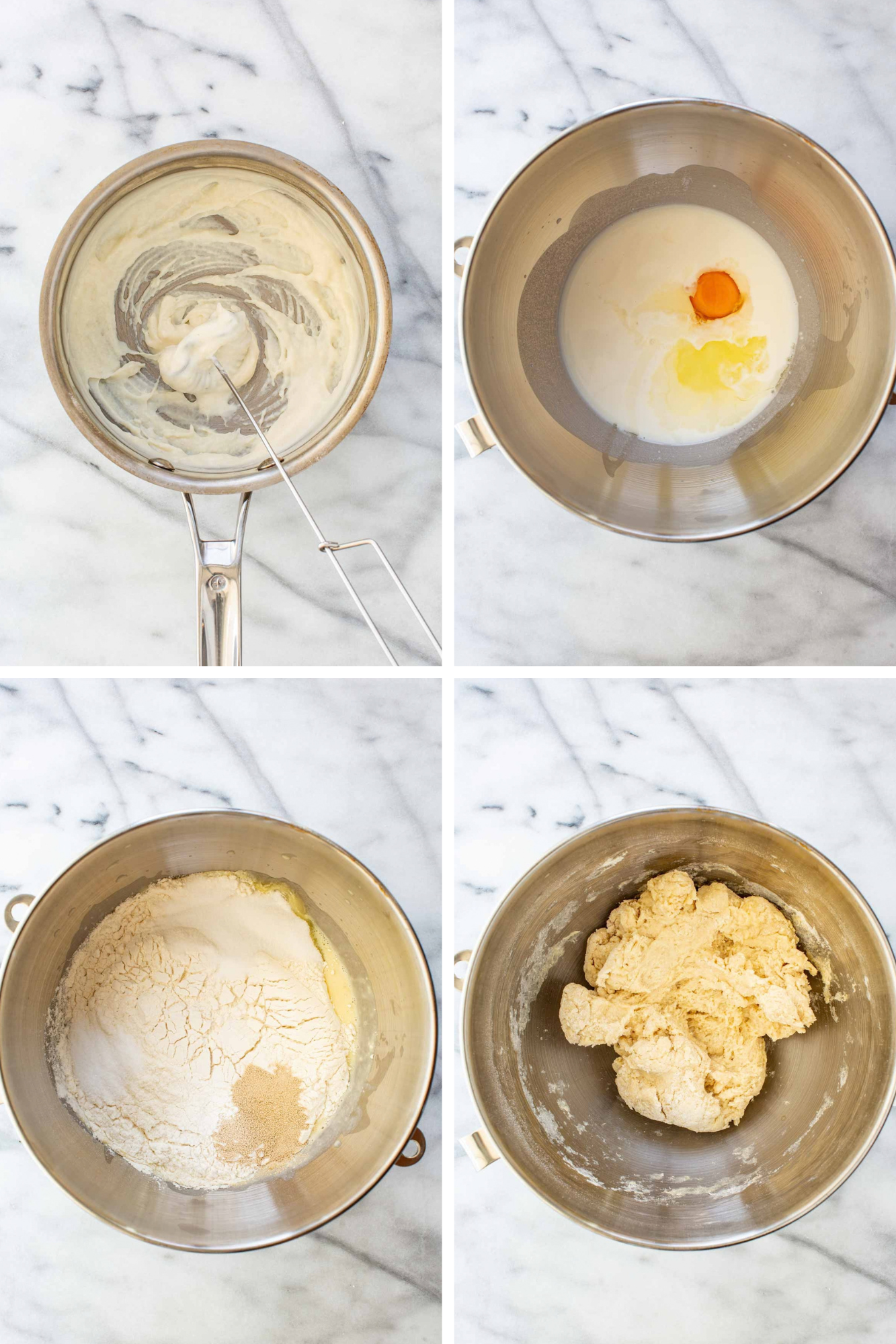 Four-step collage of making the dough: cooking a thick flour paste in a saucepan, adding milk and egg to a mixer bowl, adding flour, sugar, and yeast, and a shaggy dough.