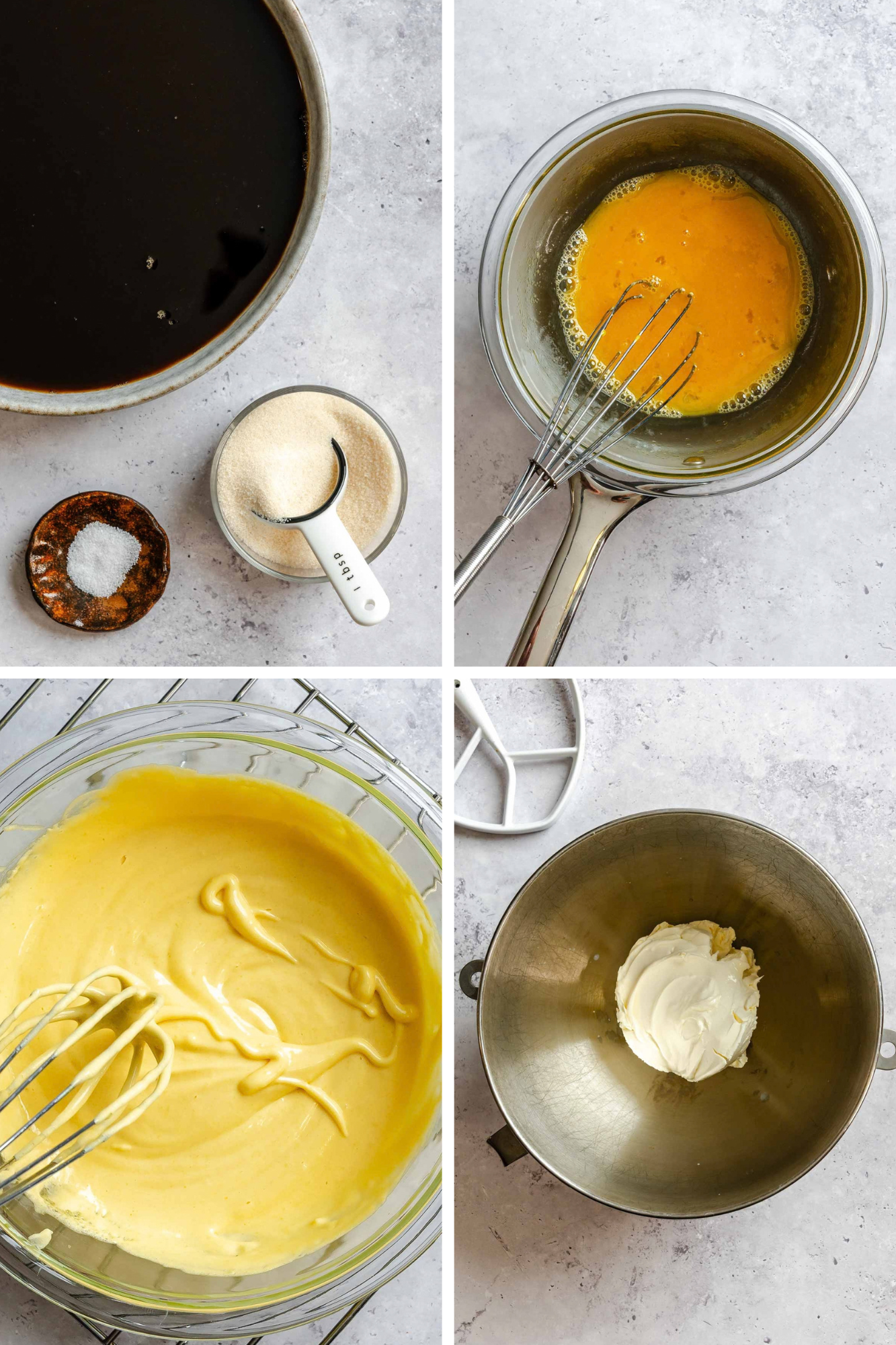Four photos of the first steps: strong black coffee in a wide pan beside a small dish of salt and a glass of sugar with a tablespoon, egg yolks being whisked in a saucepan, thick pale yellow egg yolk custard in a glass bowl with a whisk, and a scoop of mascarpone in a stand mixer bowl.