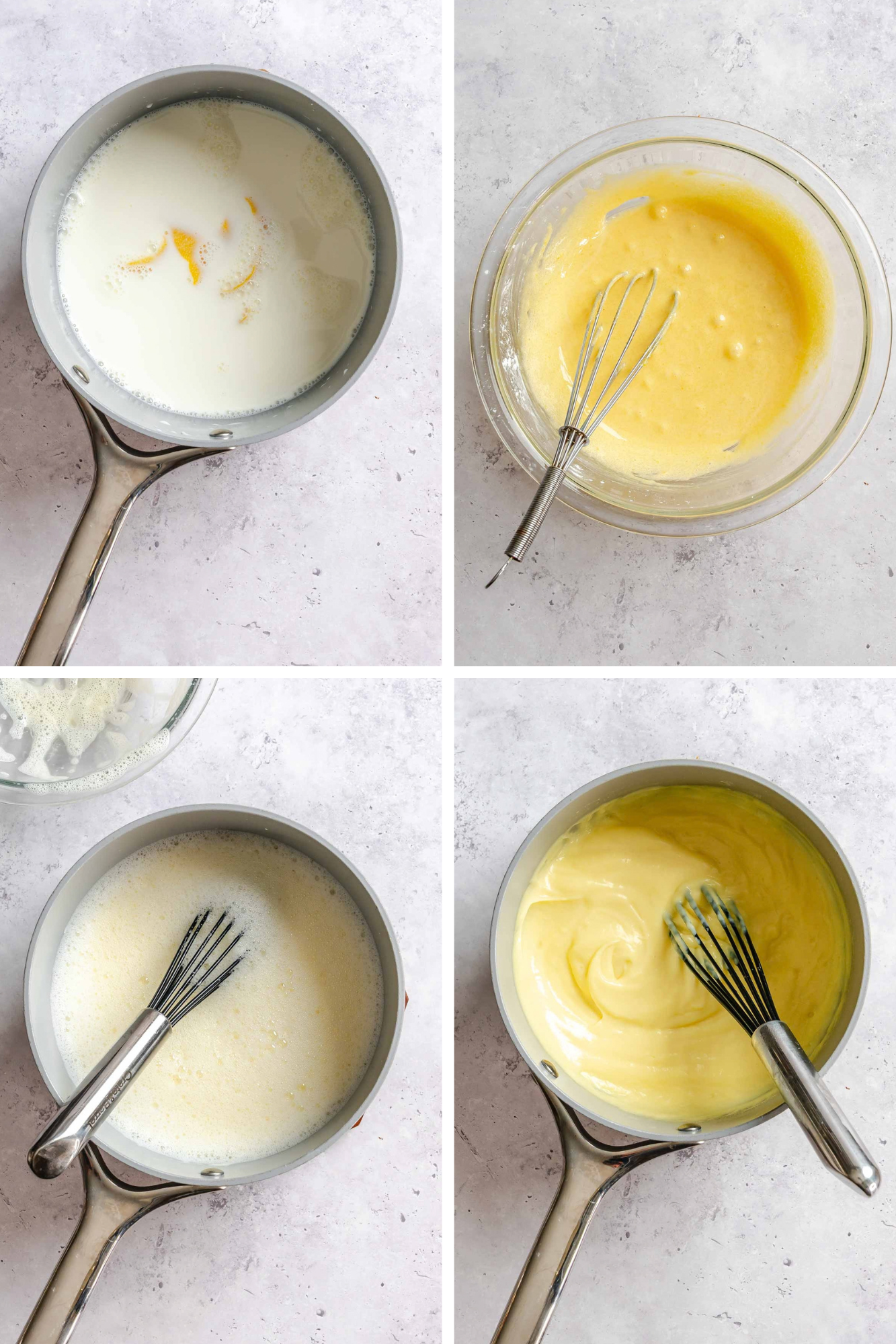 Four-step collage of making the custard: milk with lemon peel heating in a saucepan, egg yolks and sugar whisked in a glass bowl, the hot milk whisked into the yolk mixture, and the finished thick, glossy pastry cream.