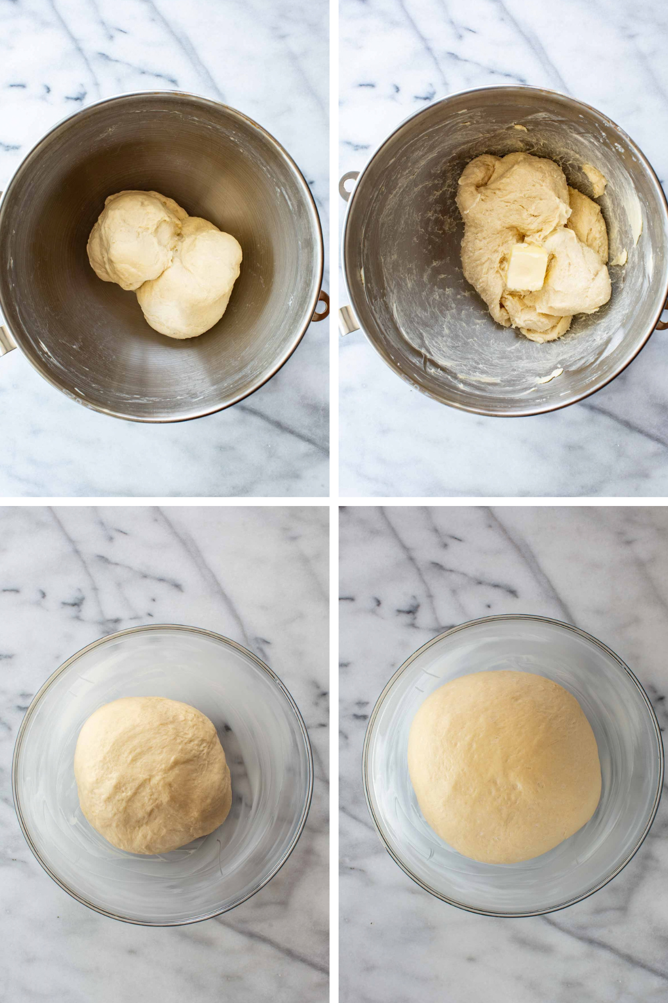 Four-step collage of kneading the dough: dough in a mixer bowl, butter added, a smooth kneaded ball, and the dough doubled in size in a glass bowl.
