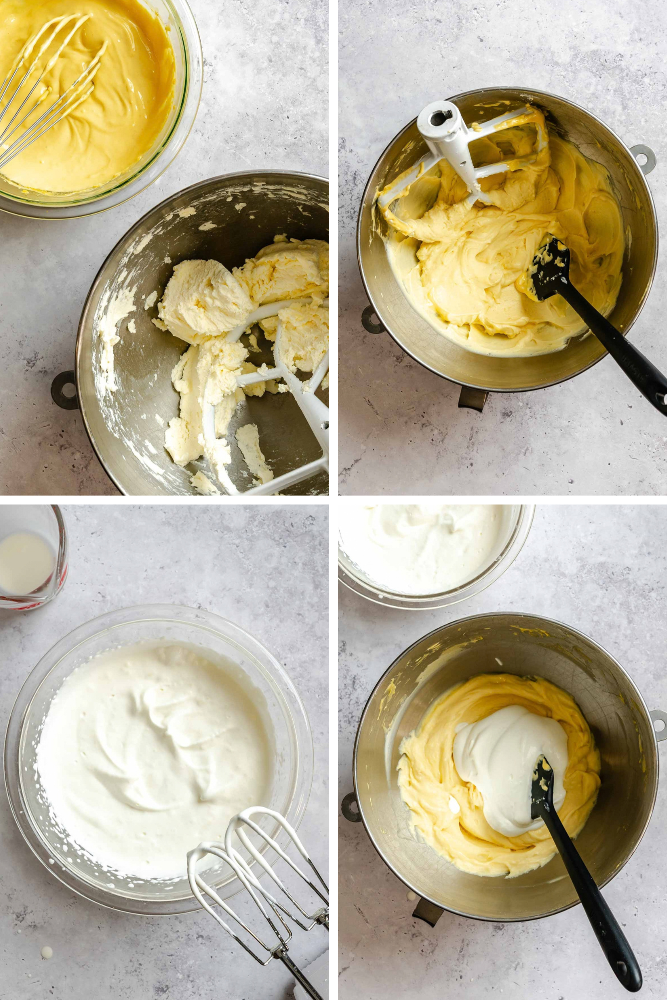 Four photos of the cream mixture coming together: the custard next to mascarpone beaten in a mixer bowl, the custard and mascarpone combined with a black spatula, softly whipped cream in a glass bowl with hand mixer beaters, and the whipped cream added on top of the mascarpone custard.