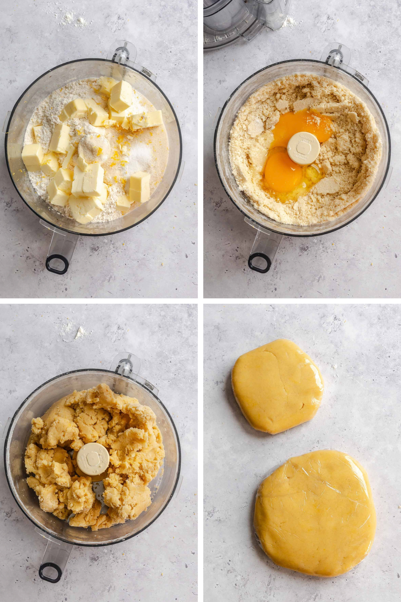Four-step collage of making the shortcrust dough in a food processor: butter, flour, sugar, and lemon zest, then egg yolks added to the crumbly mixture, then the dough coming together, and finally two dough discs wrapped in plastic.