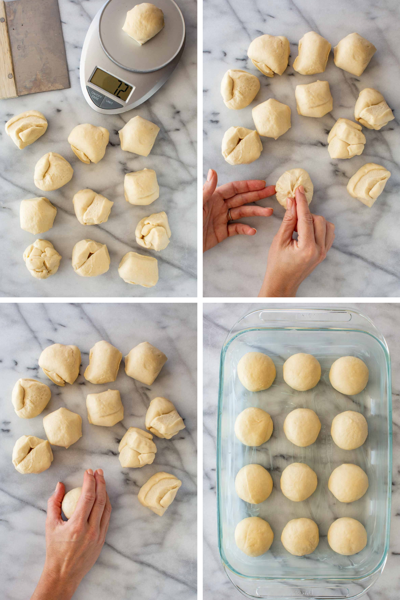 Four-step collage of shaping the rolls: dough portions weighed on a scale, a piece pinched into a ball, a ball rolled under a cupped hand, and twelve shaped rolls in a baking dish.