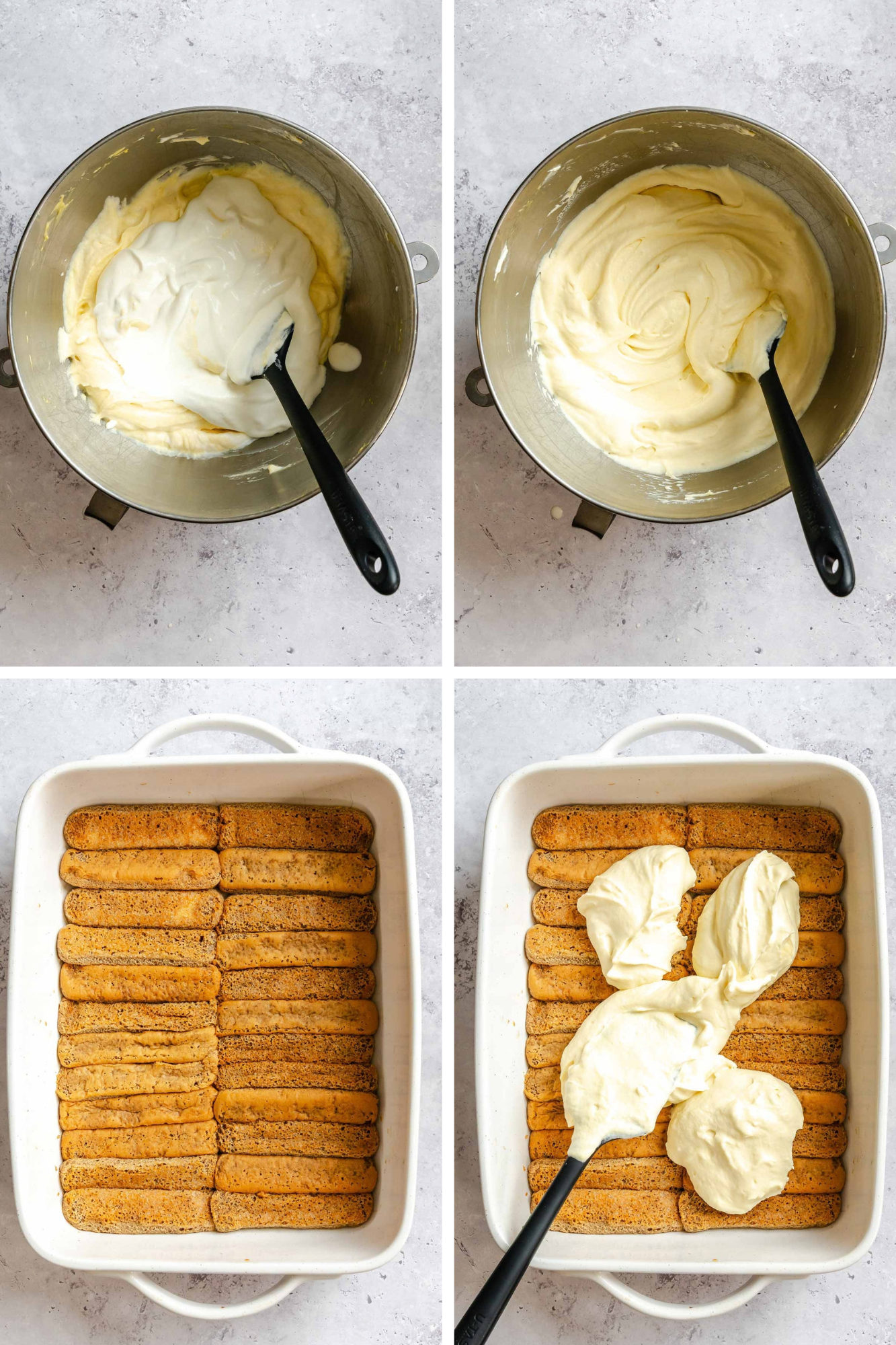 Four photos showing the cream folded together and the first layer built: whipped cream being folded into the mascarpone mixture, the smooth finished cream, a white baking dish lined with two rows of coffee-soaked ladyfingers, and large spoonfuls of cream dolloped over them.