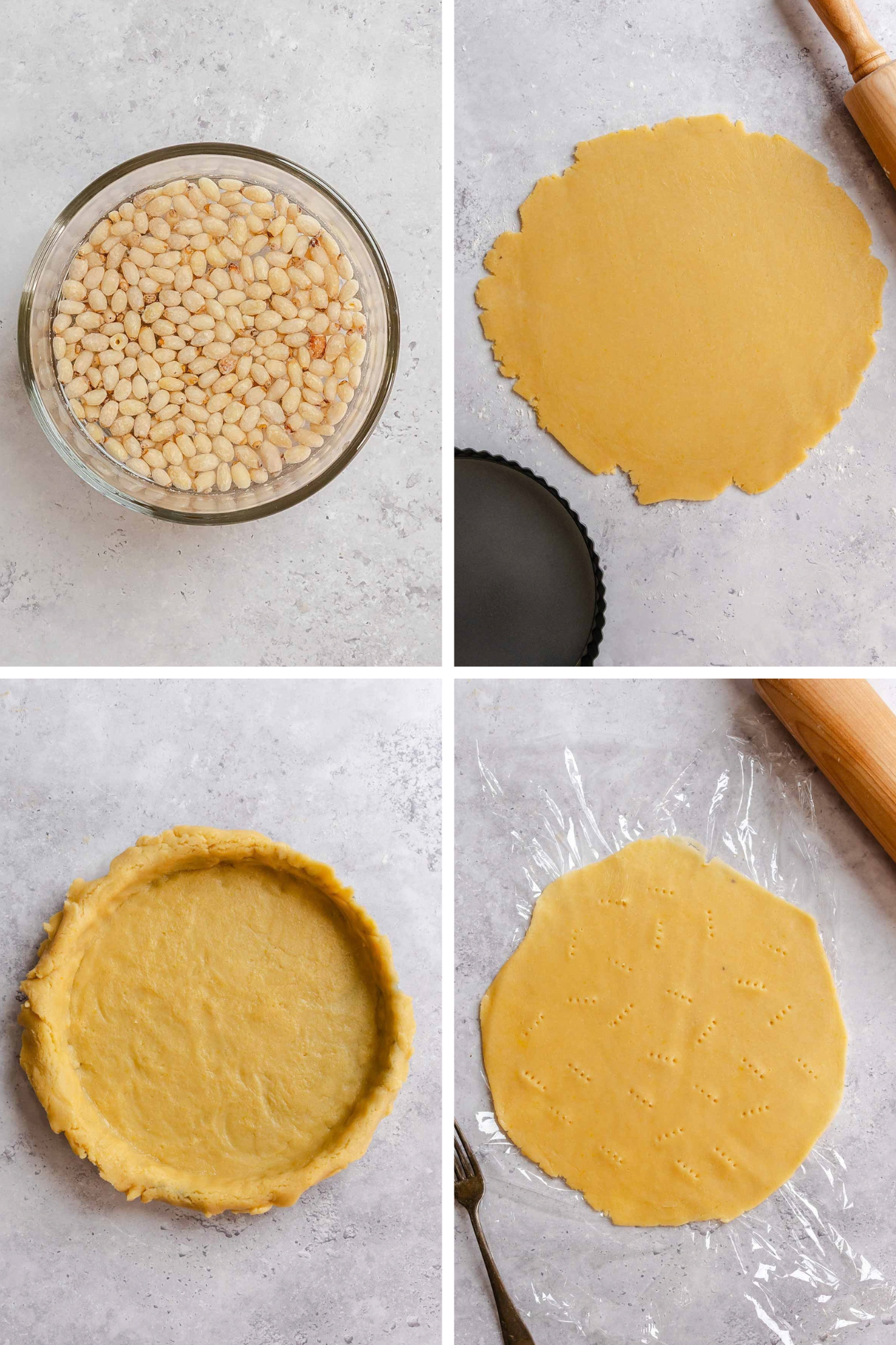 Four-step collage of preparing the crust: pine nuts soaking in water in a glass dish, a rolled-out round of dough beside a fluted tart pan, the dough pressed into the pan with a raised edge, and a second dough round on plastic wrap pricked with a fork.