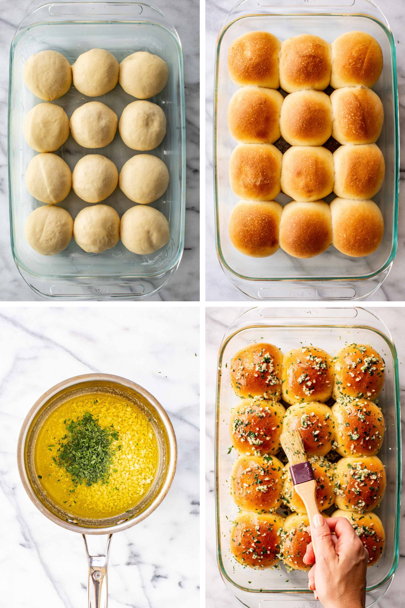 Four-step collage of finishing the rolls: risen dough balls, golden baked rolls, garlic and parsley melted in butter, and the garlic butter brushed over the rolls.