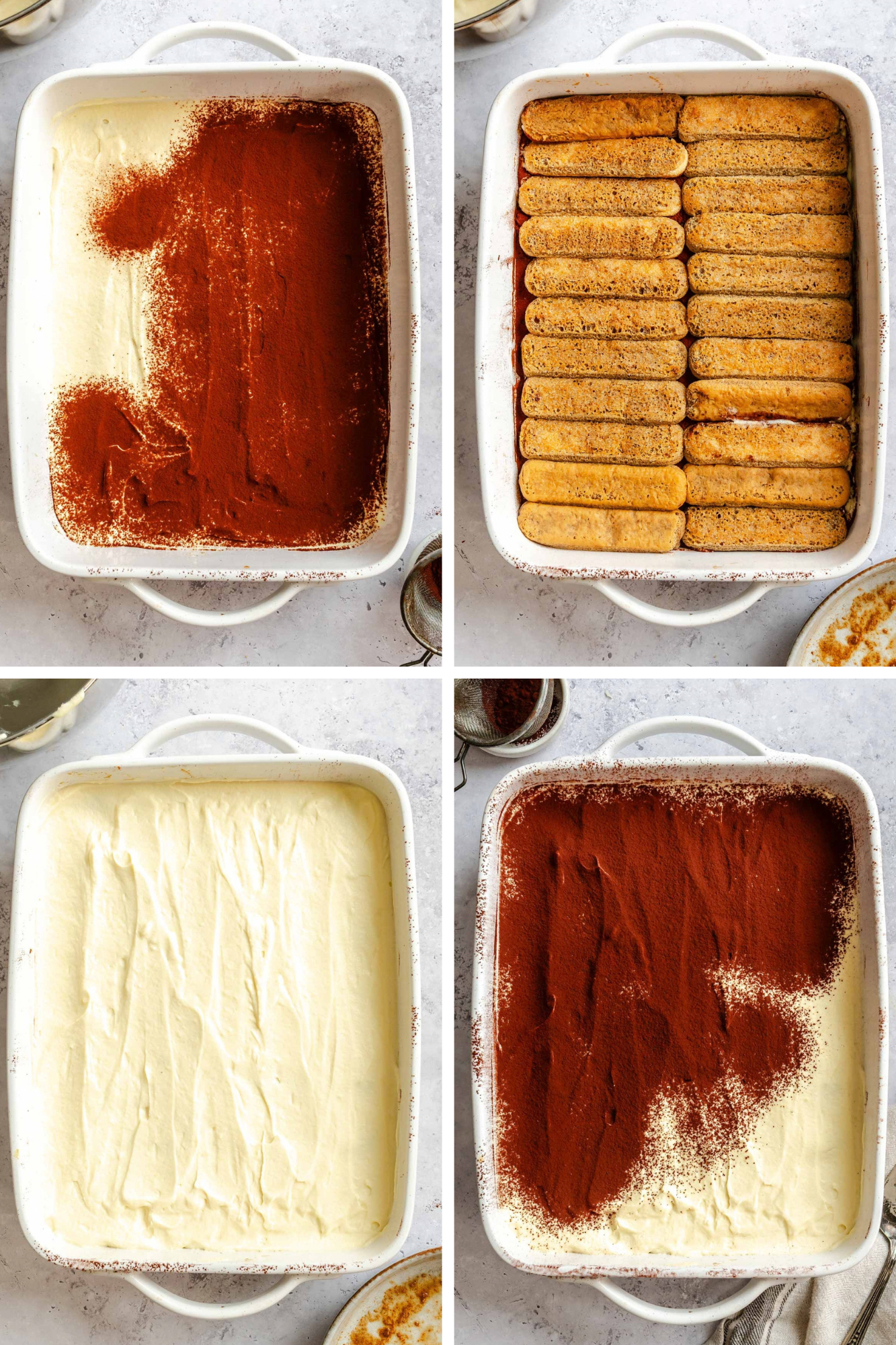 Four photos of the second layer and finish: cocoa powder dusted over the first cream layer, a second layer of soaked ladyfingers, a smooth layer of cream spread on top, and cocoa being sifted over the surface.