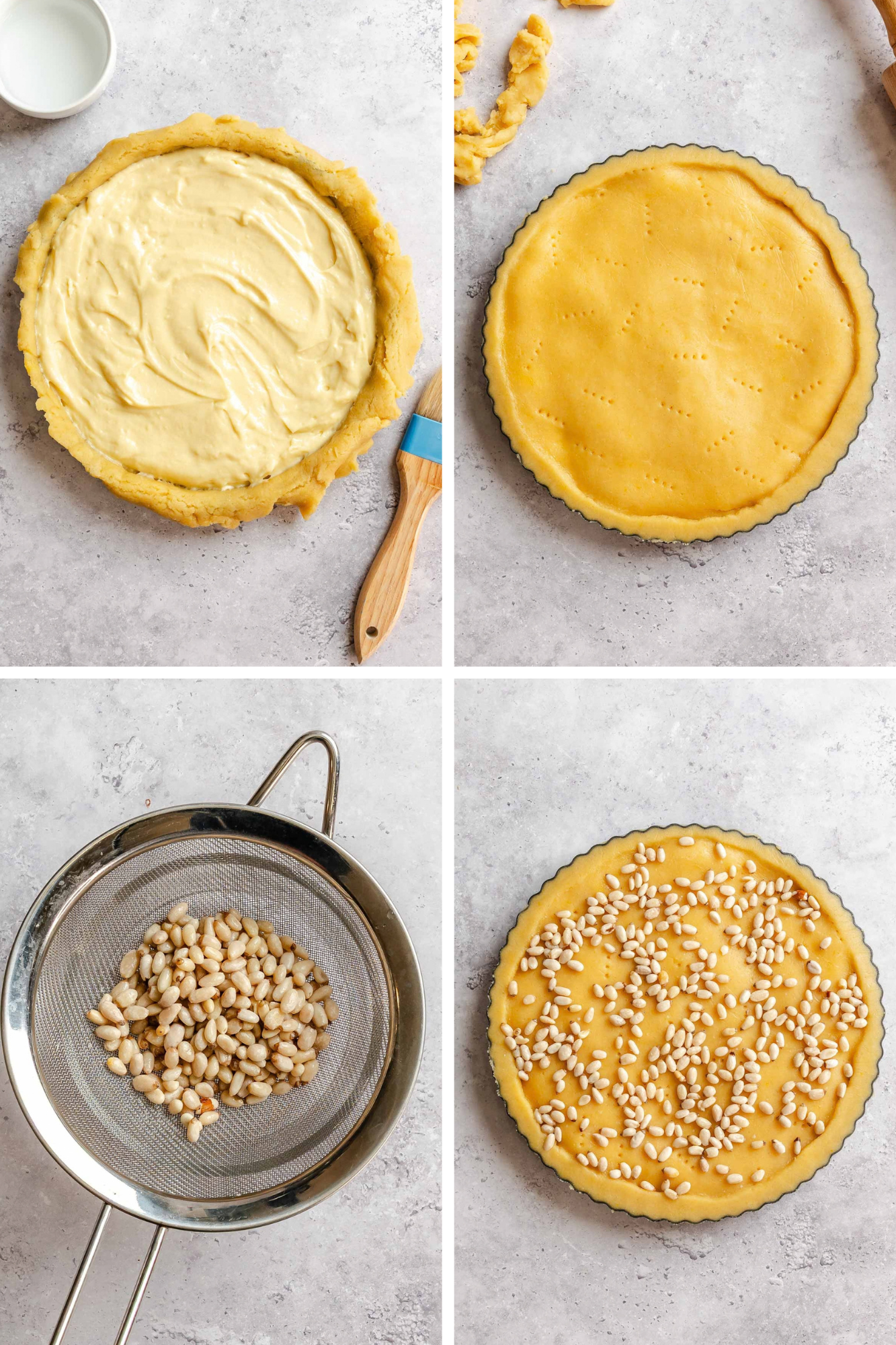 Four-step collage of assembling the tart: pastry cream spread in the dough-lined pan, the pricked dough round laid over as a top crust, soaked pine nuts draining in a sieve, and the pine nuts scattered over the unbaked tart.