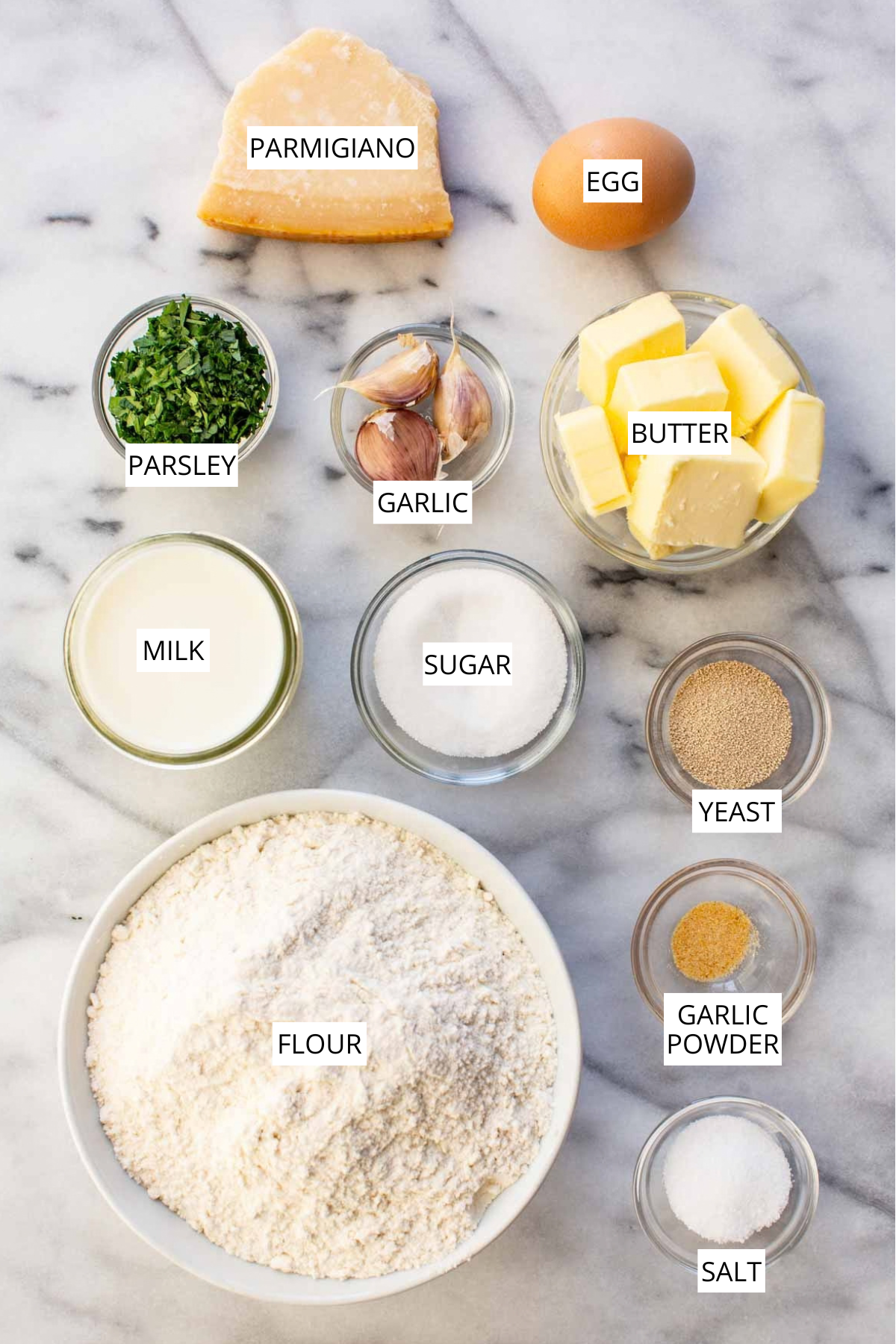 Labeled ingredients for garlic parmesan dinner rolls: parmigiano, egg, parsley, garlic, butter, milk, sugar, yeast, flour, garlic powder, and salt.