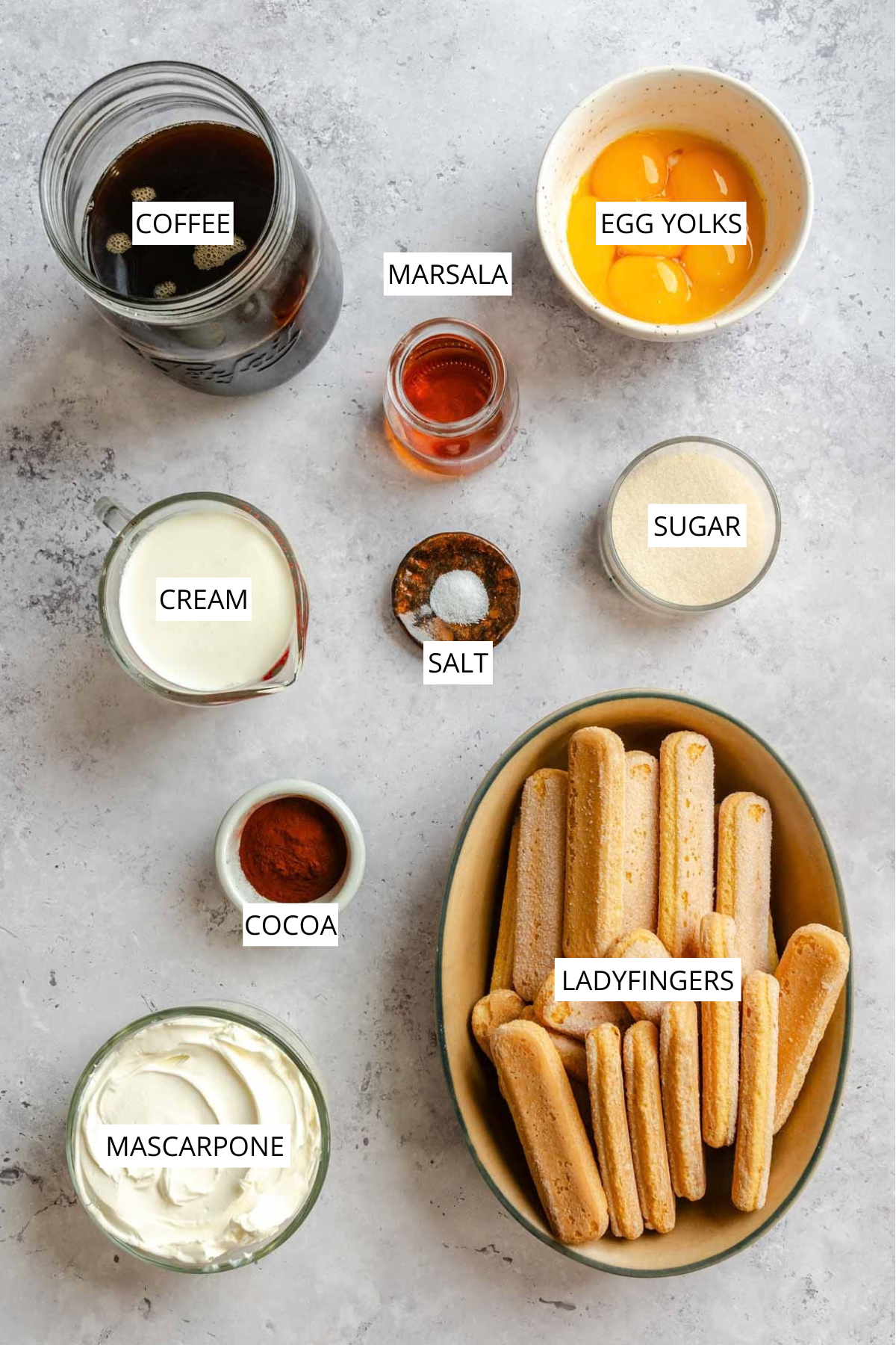 Overhead view of the ingredients, each labeled: coffee, egg yolks, marsala, sugar, cream, salt, cocoa, ladyfingers, and mascarpone.