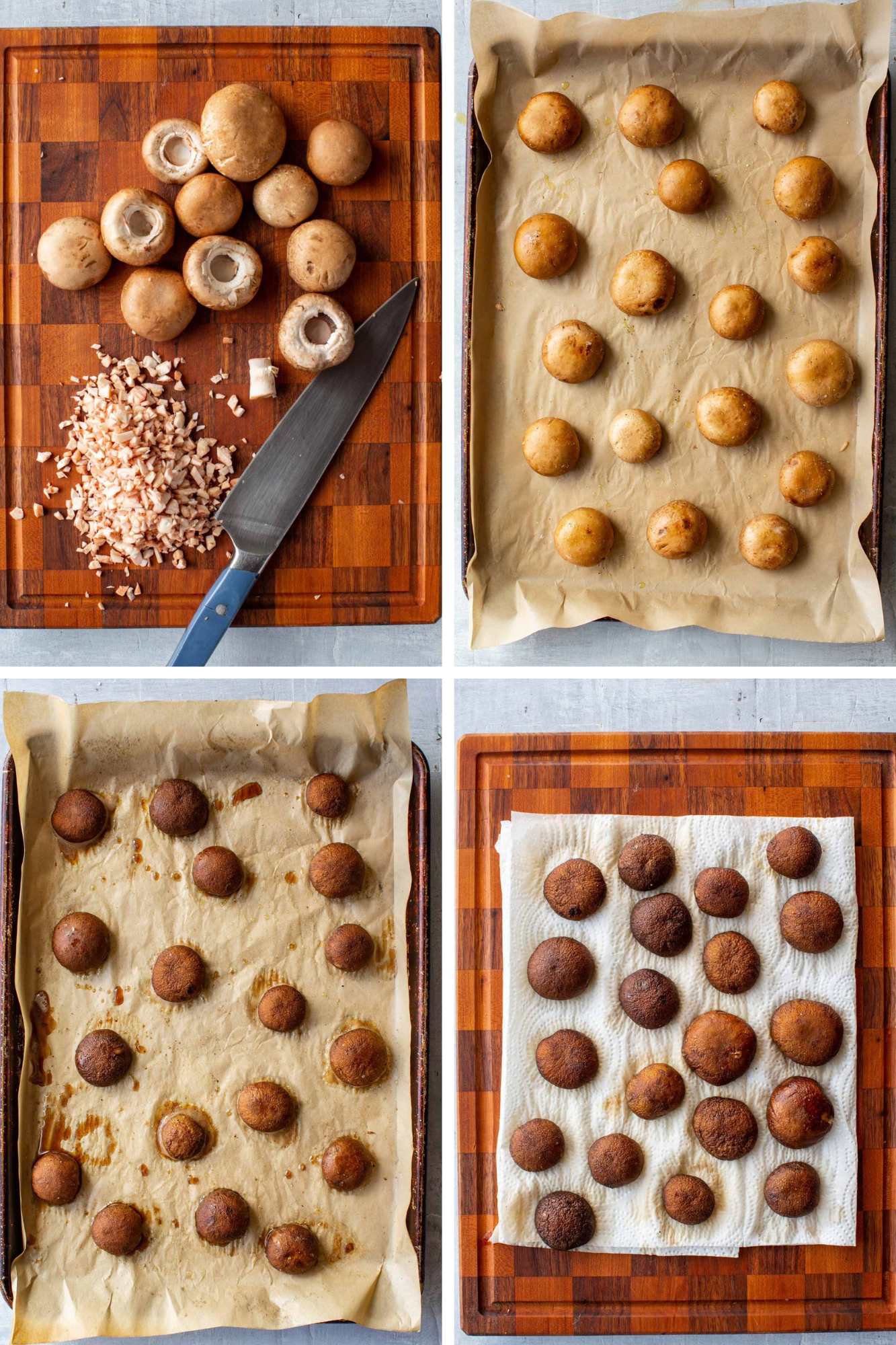 Four-step collage of preparing the mushroom caps: chopped stems on a cutting board, caps rubbed with oil on parchment, roasted caps, and roasted caps draining on paper towels.
