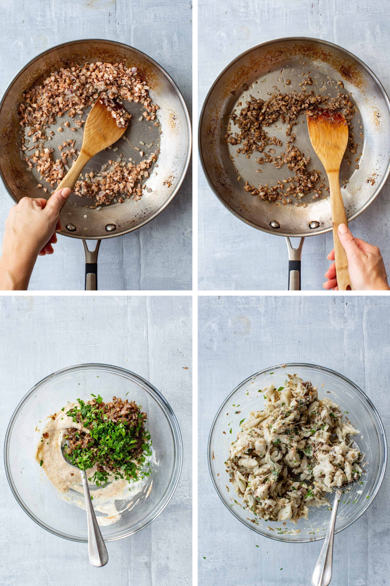 Four-step collage of making the crab filling: sautéing chopped mushroom stems and shallot in a skillet until browned, stirring them into a mayo mixture with parsley, and folding in lump crab.