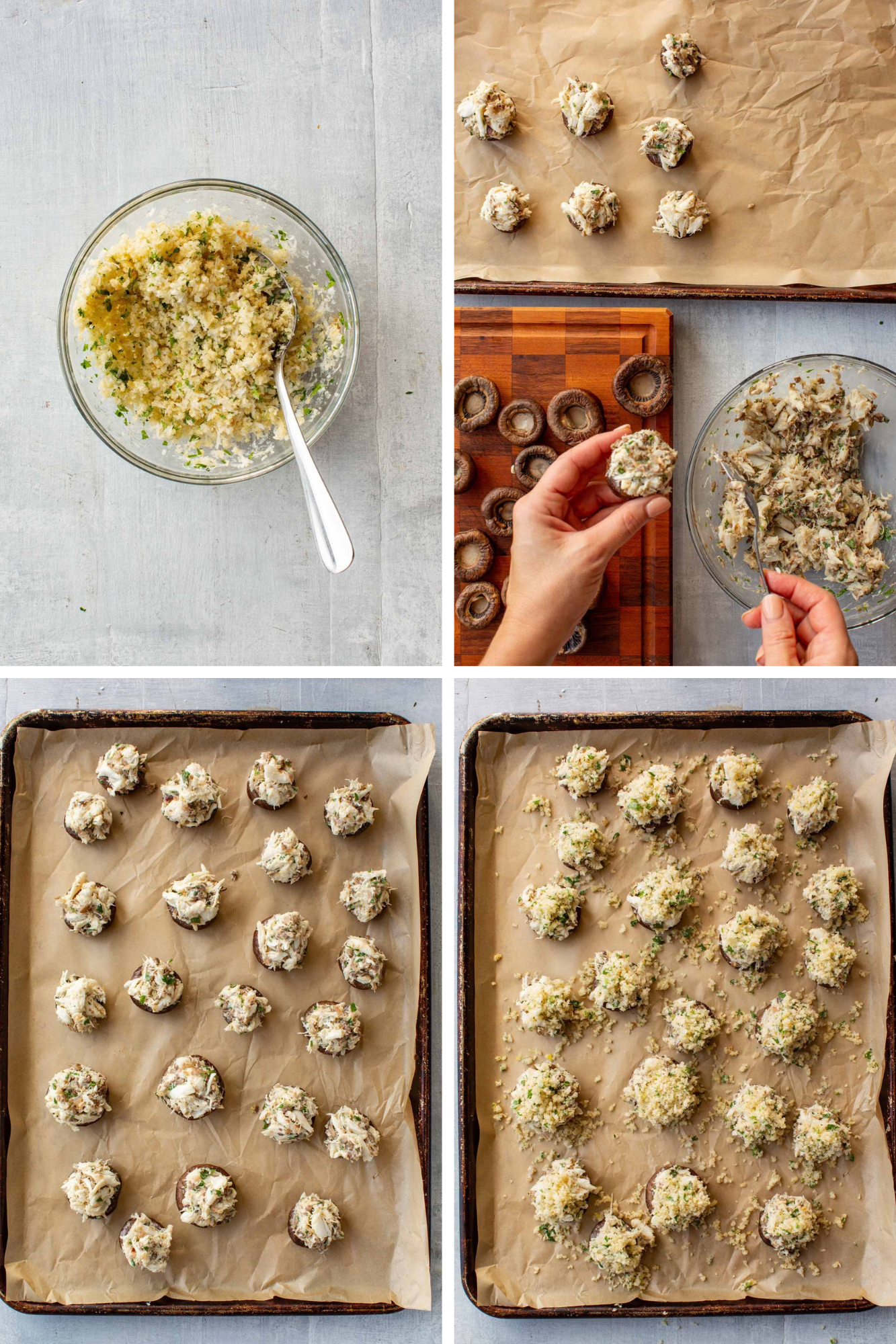Four-step collage showing a panko and parsley topping mixed in a glass bowl, crab filling being spooned into a mushroom cap, filled mushrooms on a baking sheet, and the mushrooms sprinkled with panko before baking.